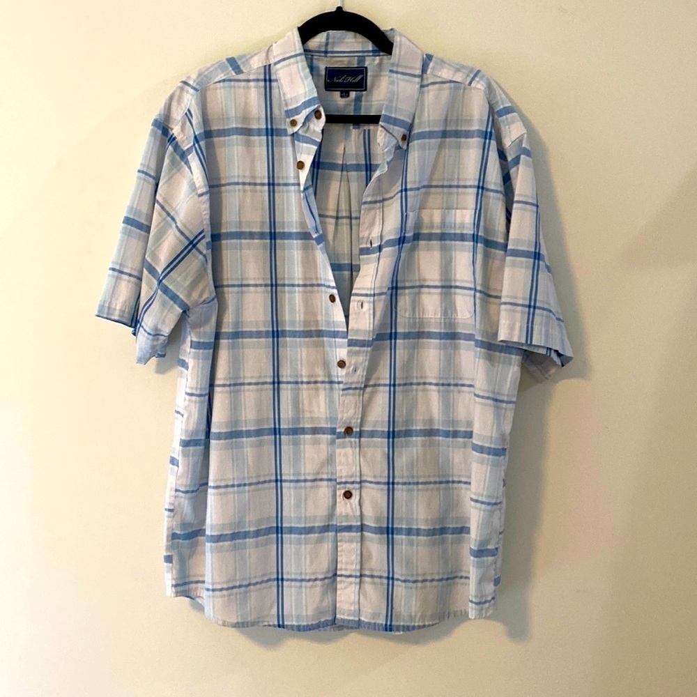 Nob Hill, Short Sleeve Button Down-White & Blue Plaid-Size L